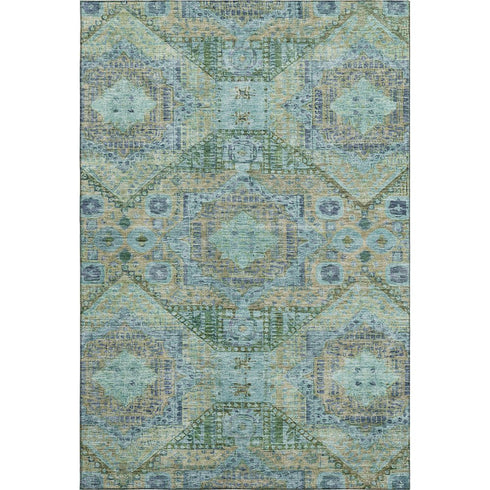 5' X 8' Green Blue And Beige Abstract Geometric Washable Area Rug With UV Protection