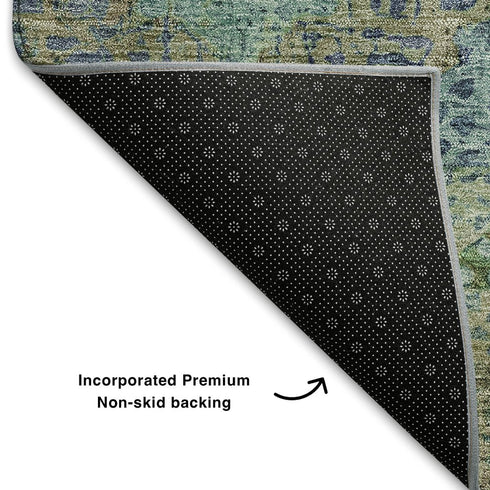 5' X 8' Green Blue And Beige Abstract Geometric Washable Area Rug With UV Protection