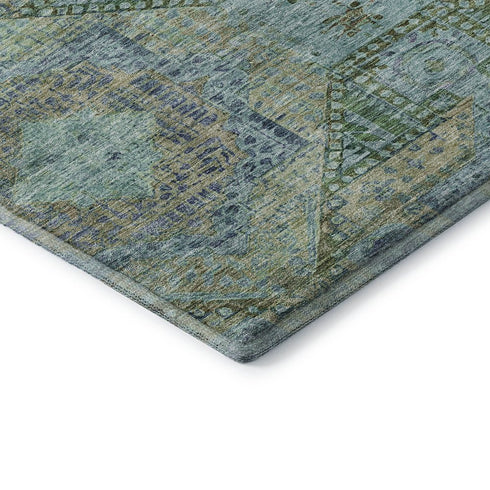 5' X 8' Green Blue And Beige Abstract Geometric Washable Area Rug With UV Protection