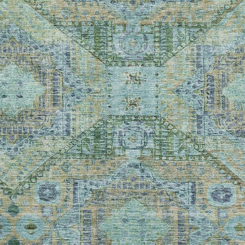 5' X 8' Green Blue And Beige Abstract Geometric Washable Area Rug With UV Protection