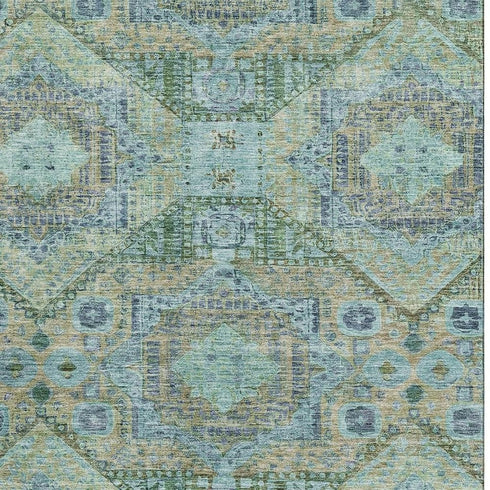 5' X 8' Green Blue And Beige Abstract Geometric Washable Area Rug With UV Protection