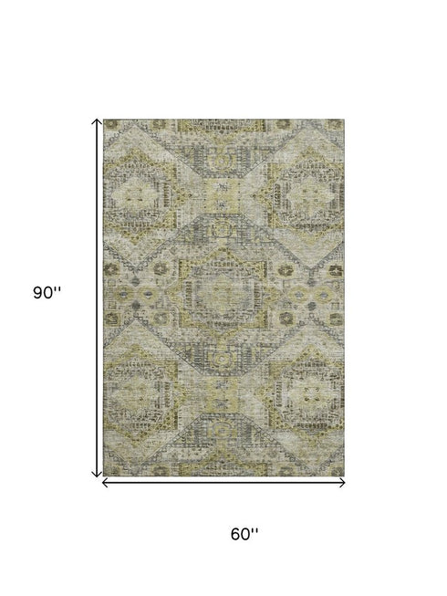 5' X 8' Khaki Beige And Gray Abstract Geometric Washable Area Rug With UV Protection