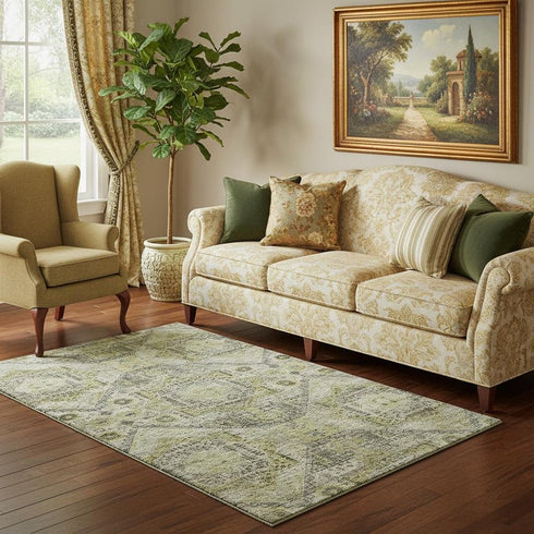 5' X 8' Khaki Beige And Gray Abstract Geometric Washable Area Rug With UV Protection