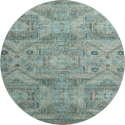 8' Sage And Blue Abstract Geometric Washable Round Rug With UV Protection