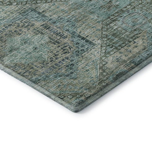 8' Sage And Blue Abstract Geometric Washable Round Rug With UV Protection