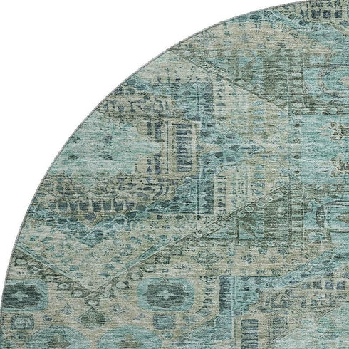 8' Sage And Blue Abstract Geometric Washable Round Rug With UV Protection
