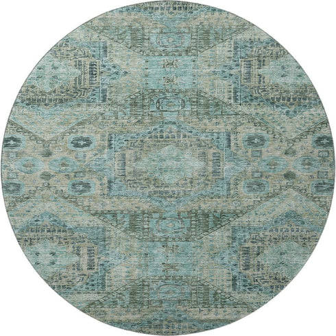 8' Sage And Blue Abstract Geometric Washable Round Rug With UV Protection