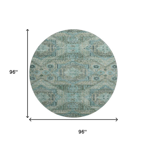 8' Sage And Blue Abstract Geometric Washable Round Rug With UV Protection