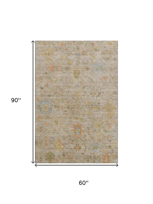 5' X 8' Beige Orange And Blue Floral Washable Area Rug With UV Protection