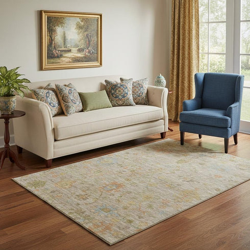 5' X 8' Beige Orange And Blue Floral Washable Area Rug With UV Protection