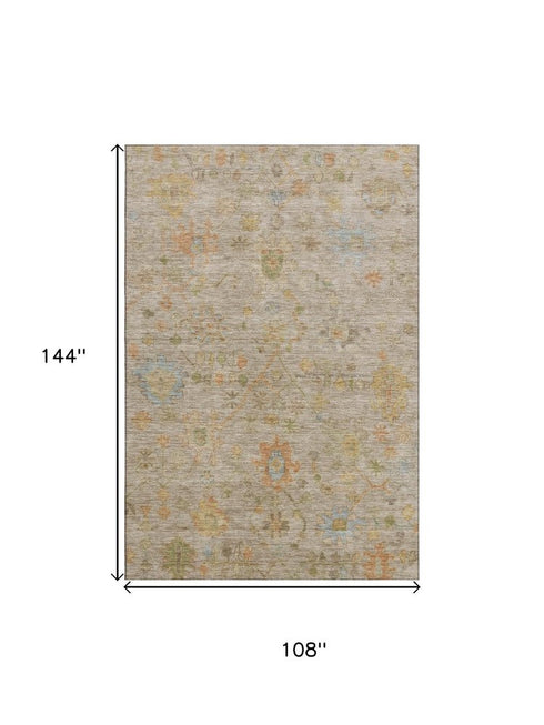 9' X 12' Beige Orange And Blue Floral Washable Area Rug With UV Protection