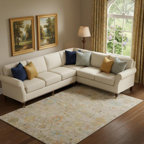 9' X 12' Beige Orange And Blue Floral Washable Area Rug With UV Protection