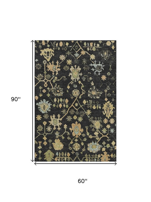 5' X 8' Black Gold And Blue Floral Washable Area Rug With UV Protection