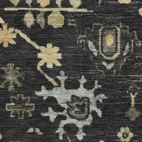 5' X 8' Black Gold And Blue Floral Washable Area Rug With UV Protection
