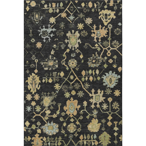 5' X 8' Black Gold And Blue Floral Washable Area Rug With UV Protection