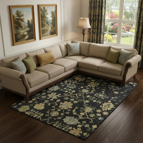 9' X 12' Black Gold And Blue Floral Washable Area Rug With UV Protection
