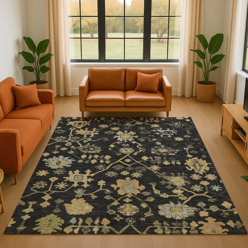 9' X 12' Black Gold And Blue Floral Washable Area Rug With UV Protection