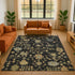 9' X 12' Black Gold And Blue Floral Washable Area Rug With UV Protection