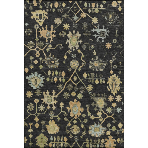 9' X 12' Black Gold And Blue Floral Washable Area Rug With UV Protection