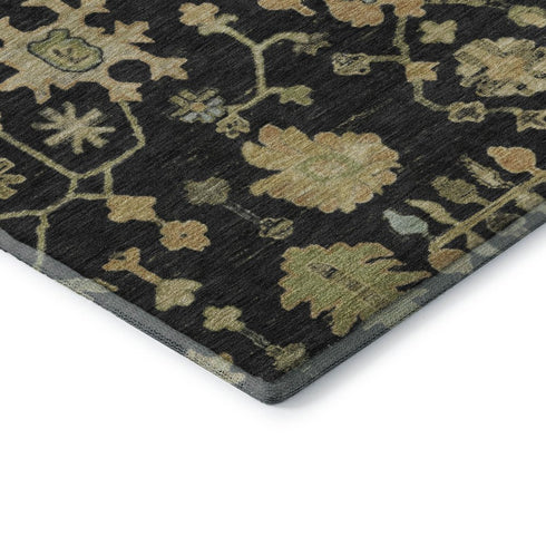 9' X 12' Black Gold And Blue Floral Washable Area Rug With UV Protection