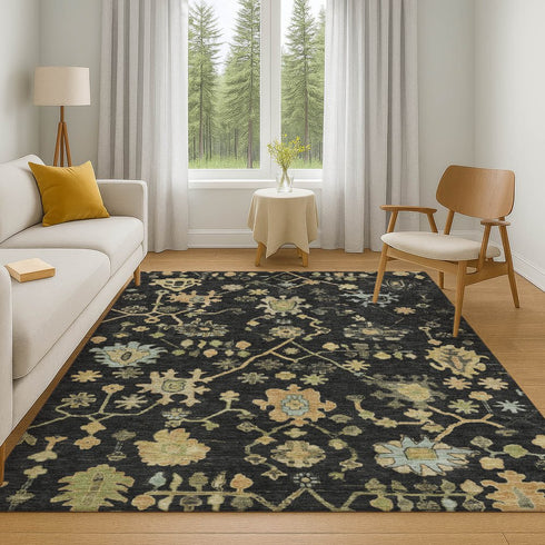 9' X 12' Black Gold And Blue Floral Washable Area Rug With UV Protection