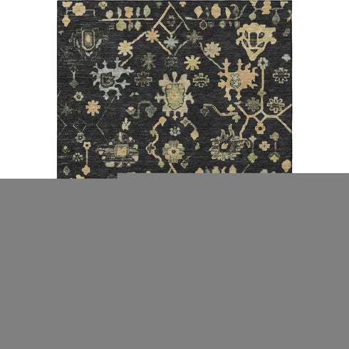 9' X 12' Black Gold And Blue Floral Washable Area Rug With UV Protection