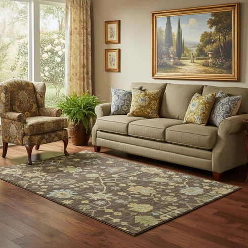 5' X 8' Brown Gold And Blue Floral Washable Area Rug With UV Protection