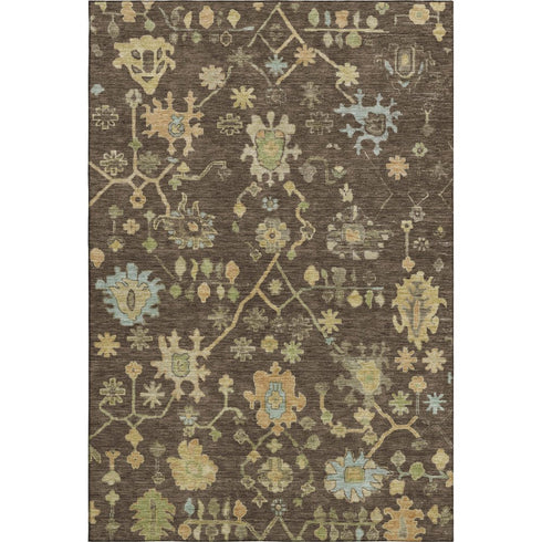 5' X 8' Brown Gold And Blue Floral Washable Area Rug With UV Protection