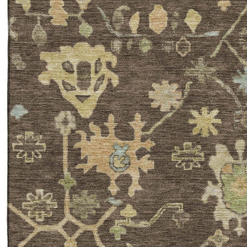 5' X 8' Brown Gold And Blue Floral Washable Area Rug With UV Protection