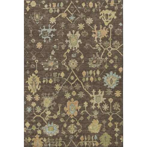 5' X 8' Brown Gold And Blue Floral Washable Area Rug With UV Protection