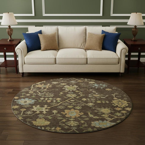 8' Brown Gold And Blue Floral Washable Round Rug With UV Protection