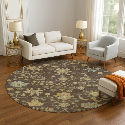 8' Brown Gold And Blue Floral Washable Round Rug With UV Protection