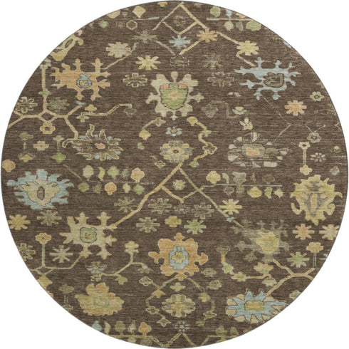 8' Brown Gold And Blue Floral Washable Round Rug With UV Protection
