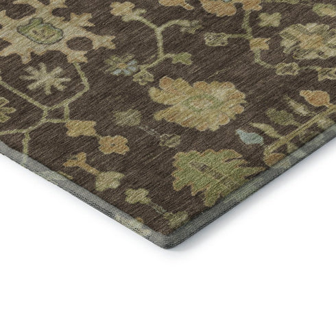 8' Brown Gold And Blue Floral Washable Round Rug With UV Protection