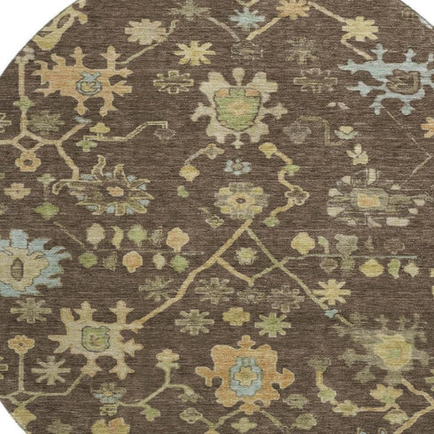 8' Brown Gold And Blue Floral Washable Round Rug With UV Protection