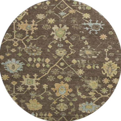 8' Brown Gold And Blue Floral Washable Round Rug With UV Protection