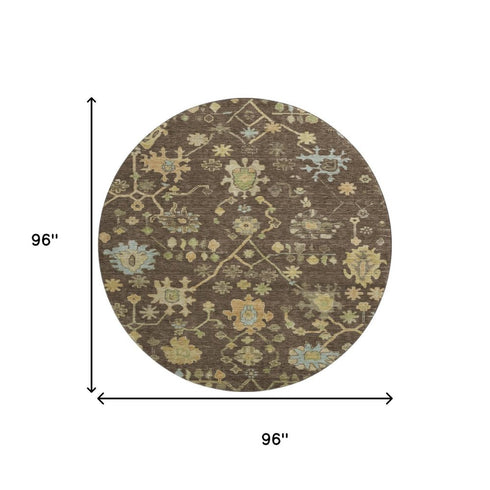 8' Brown Gold And Blue Floral Washable Round Rug With UV Protection