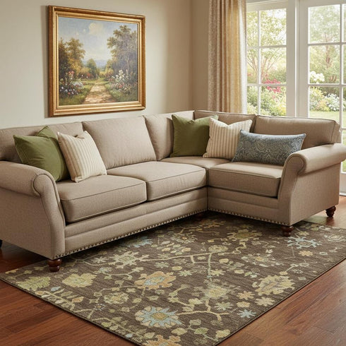 8' X 10' Brown Gold And Blue Floral Washable Area Rug With UV Protection