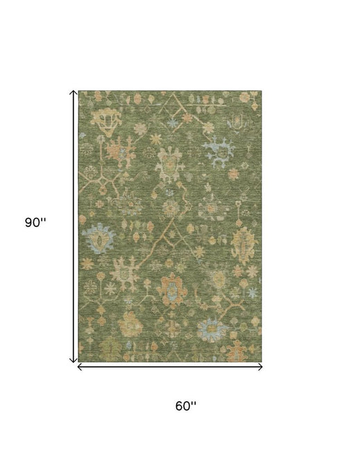5' X 8' Fern Green Gold And Blue Floral Washable Area Rug With UV Protection