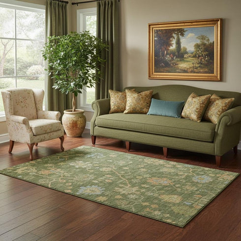 5' X 8' Fern Green Gold And Blue Floral Washable Area Rug With UV Protection