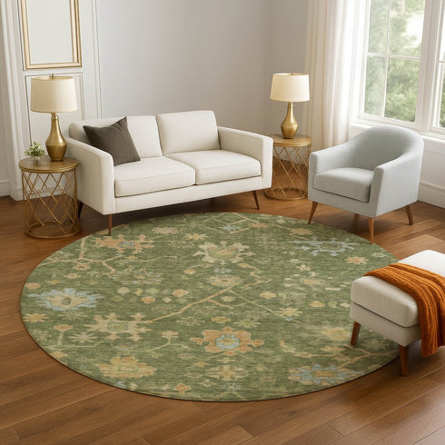 8' Fern Green Gold And Blue Floral Washable Round Rug With UV Protection