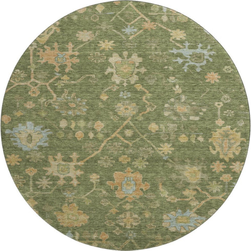 8' Fern Green Gold And Blue Floral Washable Round Rug With UV Protection