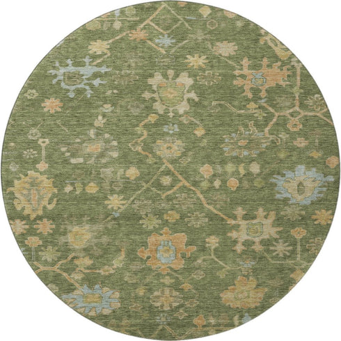 8' Fern Green Gold And Blue Floral Washable Round Rug With UV Protection