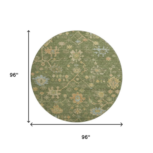 8' Fern Green Gold And Blue Floral Washable Round Rug With UV Protection