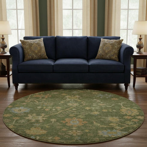 8' Fern Green Gold And Blue Floral Washable Round Rug With UV Protection