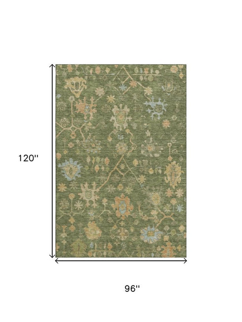 8' X 10' Fern Green Gold And Blue Floral Washable Area Rug With UV Protection