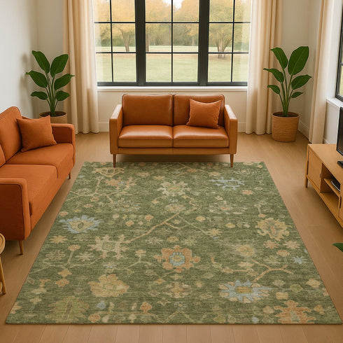 8' X 10' Fern Green Gold And Blue Floral Washable Area Rug With UV Protection