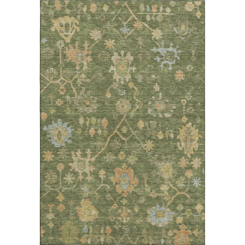8' X 10' Fern Green Gold And Blue Floral Washable Area Rug With UV Protection