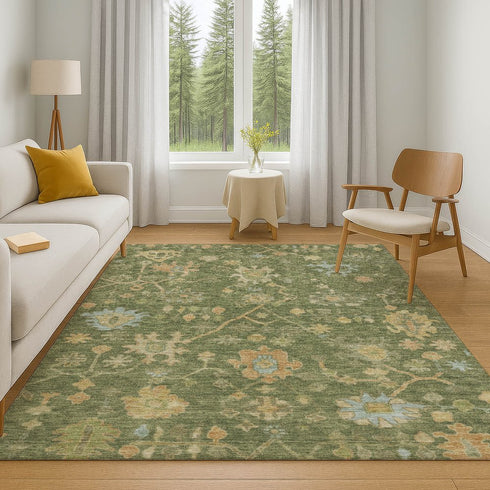 8' X 10' Fern Green Gold And Blue Floral Washable Area Rug With UV Protection