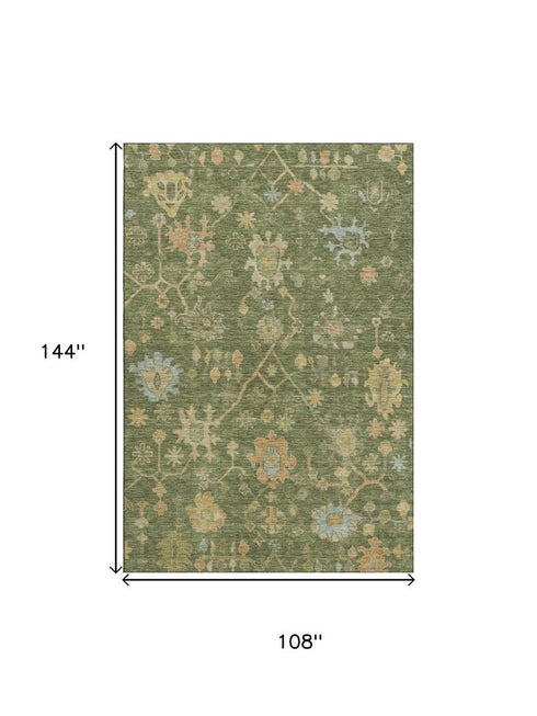 9' X 12' Fern Green Gold And Blue Floral Washable Area Rug With UV Protection